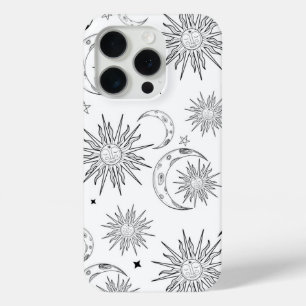 Zwart & Witte Whimsical Zon Maan & Sterren iPhone 15 Pro Case