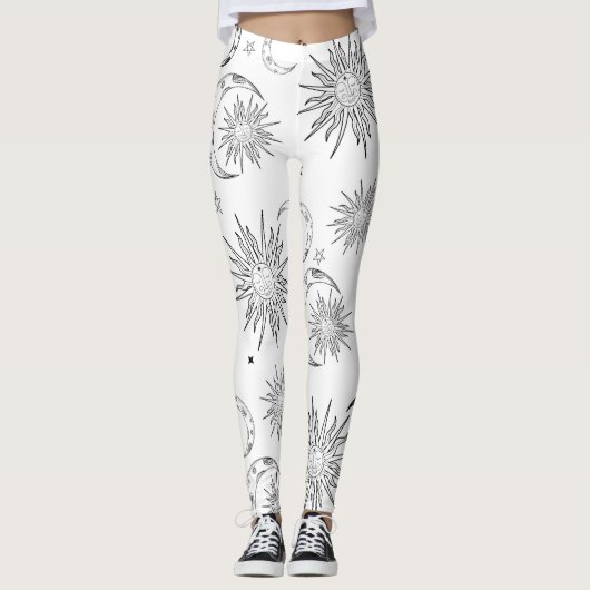 Zwart & Witte Whimsical Zon Maan & Sterren Leggings (Voorkant)