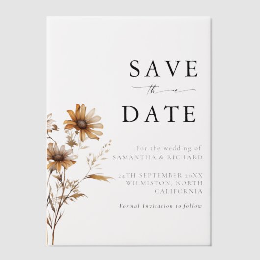 Zwart & Witte Wilde Bloem Bruiloft Save The Date Vellum Uitnodigingen (Voorkant)