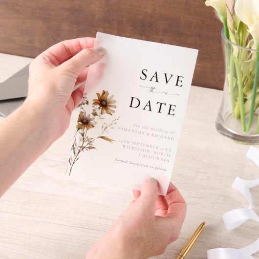 Zwart & Witte Wilde Bloem Bruiloft Save The Date Vellum Uitnodigingen (Draagbaar)