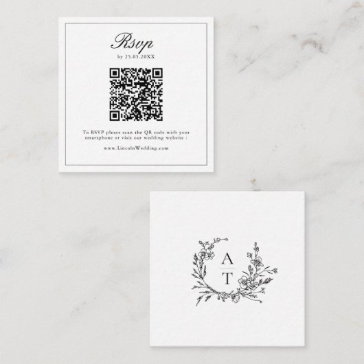 Zwart Witte Wilde Bloem Crest Trouw QR Code RSVP Informatiekaartje (Voorkant / Achterkant)