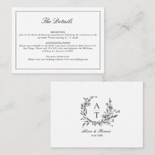 Zwart & Witte Wilde Bloem Monogram Detailskaart Informatiekaartje