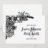 Zwart-witte wilde bloem save the date kaart (Voorkant / Achterkant)