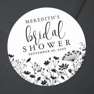 Zwart Witte Wilde Bloemen Bruidsdouche Ronde Sticker