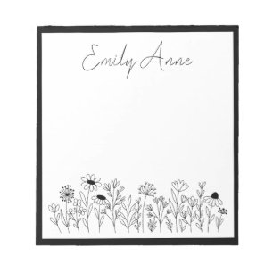 Zwart-witte wilde bloemen Lijntekening Bloemen Notitieblok