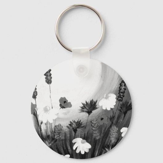 Zwart-witte wilde bloemen sleutelhanger (Voorkant)