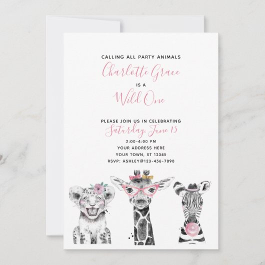 Zwart Witte Wilde Eén Meisje Verjaardagsfeestje Kaart (Voorkant)