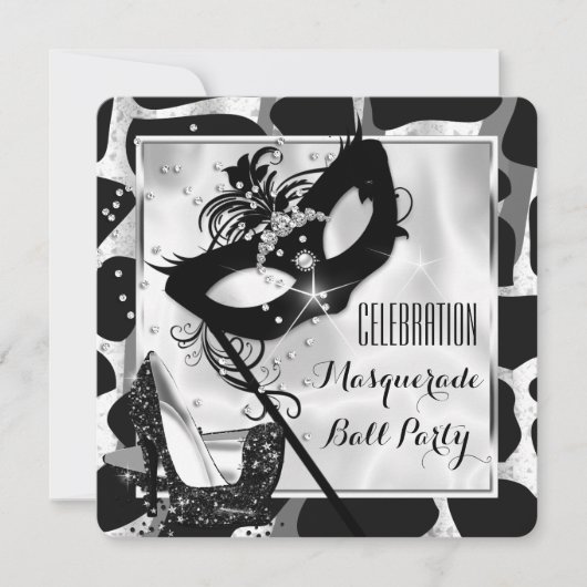 Zwart Witte Wilde Maskerade Bal Feest Kaart (Voorkant)