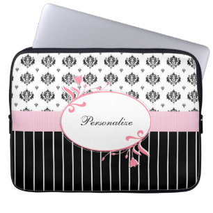 Zwart-witte witte rode zwarte roze Floral met naam Laptop Sleeve