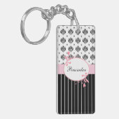 Zwart-witte witte rode zwarte roze Floral met naam Sleutelhanger (Voorkant Links)