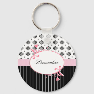 Zwart-witte witte rode zwarte roze Floral met naam Sleutelhanger