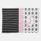 Zwart-witte witte rode zwarte roze Floral met naam Theedoek (Horizontaal)