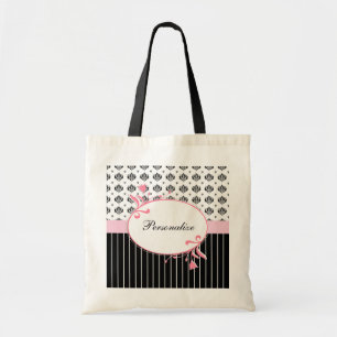 Zwart-witte witte rode zwarte roze Floral met naam Tote Bag