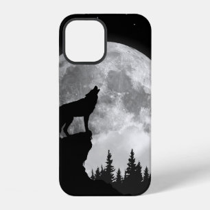 Zwart-witte wolf die naar de maan huilt iPhone 12 hoesje