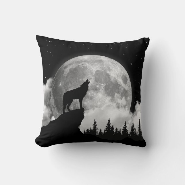 Zwart-witte wolf die op de maan vliegt kussen (Voorkant)