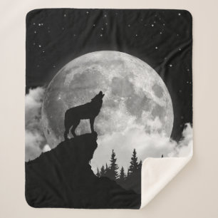 Zwart-witte wolf die op de maan vliegt sherpa deken