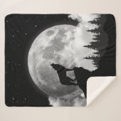 Zwart-witte wolf die op de maan vliegt sherpa deken (Voorkant (horizontaal))
