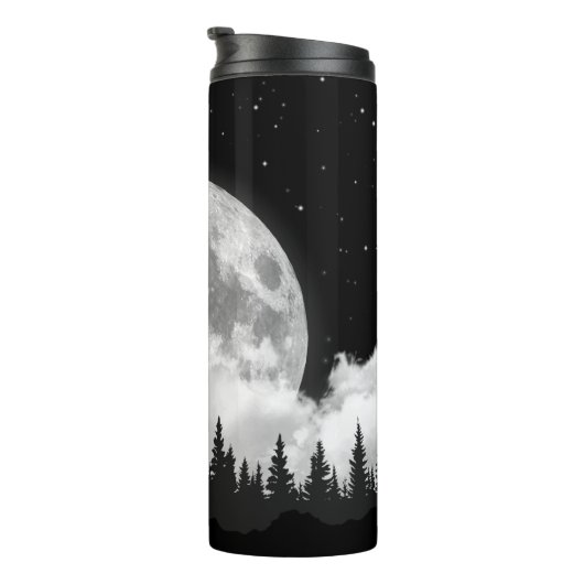 Zwart-witte wolf die op de maan vliegt thermosbeker (Geroteerd rechts)