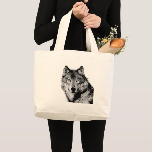 Zwart-witte wolf grote tote bag (Voorkant (product))