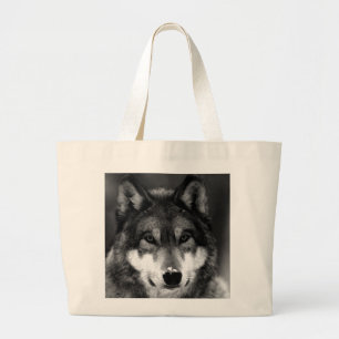 Zwart-witte wolf grote tote bag