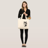 Zwart-witte wolf grote tote bag (Voorkant (model))