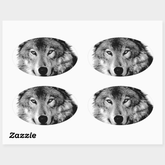 Zwart-witte wolf ovale sticker (Vel)