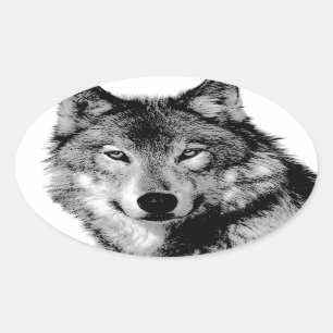 Zwart-witte wolf ovale sticker