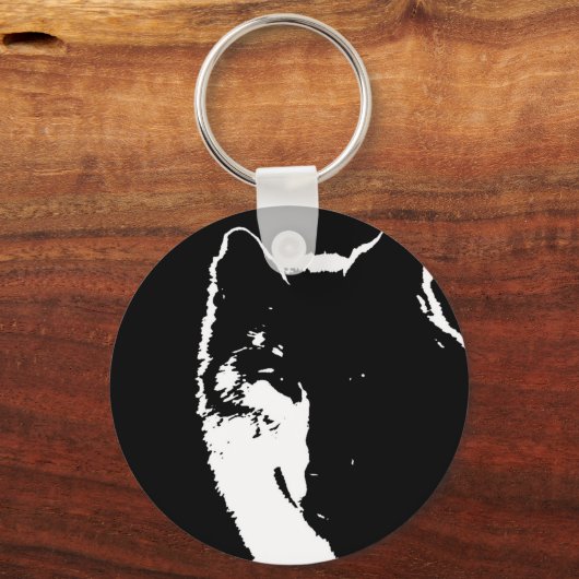 Zwart-witte wolf sleutelhanger (Voorkant)