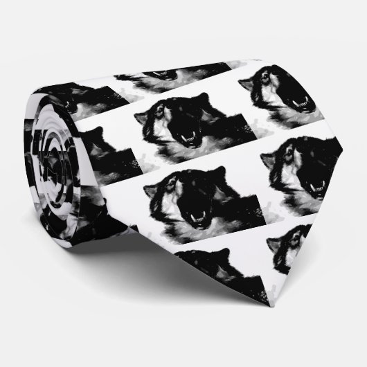 Zwart-witte wolf stropdas (Opgerold)