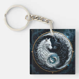 Zwart-witte wolven in kosmisch Yin-Yang-symbool Sleutelhanger