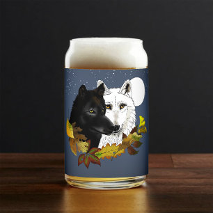 Zwart Witte Wolven Maneschijn Herfstbladeren Blikvorm Glas