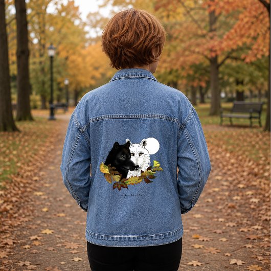 Zwart Witte Wolven Maneschijn Herfstbladeren Denim Jacket