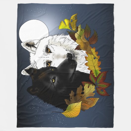 Zwart Witte Wolven Maneschijn Herfstbladeren Fleece Deken (Voorkant)