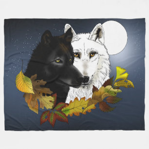 Zwart Witte Wolven Maneschijn Herfstbladeren Fleece Deken
