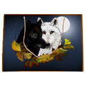 Zwart Witte Wolven Maneschijn Herfstbladeren Groot Cadeauzakje (Voorkant)