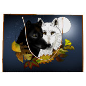 Zwart Witte Wolven Maneschijn Herfstbladeren Groot Cadeauzakje (Achterkant)