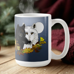 Zwart Witte Wolven Maneschijn Herfstbladeren Koffiemok