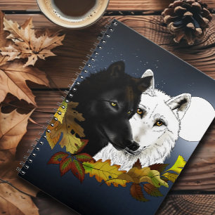 Zwart Witte Wolven Maneschijn Herfstbladeren Notitieboek