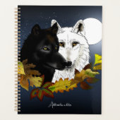 Zwart Witte Wolven Maneschijn Herfstbladeren Planner (Voorkant)