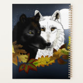Zwart Witte Wolven Maneschijn Herfstbladeren Planner (Achterkant)