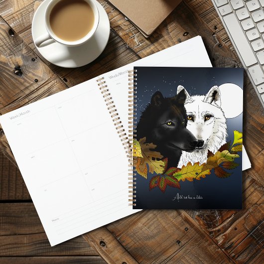 Zwart Witte Wolven Maneschijn Herfstbladeren Planner