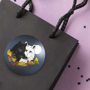 Zwart Witte Wolven Maneschijn Herfstbladeren Ronde Sticker