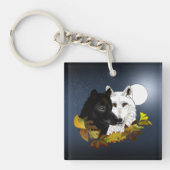 Zwart Witte Wolven Maneschijn Herfstbladeren Sleutelhanger (Voorkant)