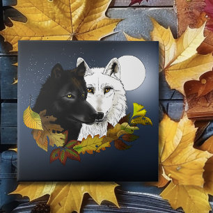 Zwart Witte Wolven Maneschijn Herfstbladeren Tegeltje