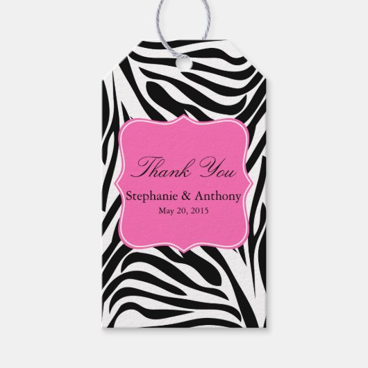 Zwart-witte zebra Afdrukken en warm roze Dank je Cadeaulabel (Voorkant)