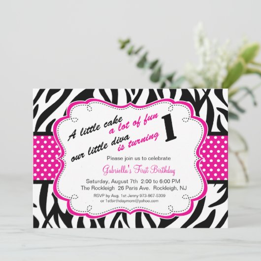 Zwart-witte Zebra meisjes Eerste verjaardag Uitnod Kaart (Staand voorkant)