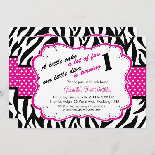 Zwart-witte Zebra meisjes Eerste verjaardag Uitnod Kaart (Voorkant / Achterkant)