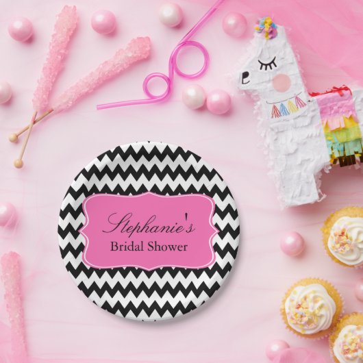 Zwart-witte zigzag met warmroze Vrijgezellenfeest Papieren Bordje (Feest)