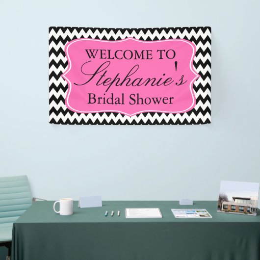 Zwart-witte zigzag met warmroze Vrijgezellenfeest Spandoek (Beurs)