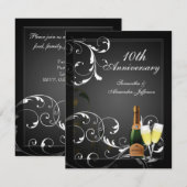 Zwart-witte zilveren champagne-jubileumfeest kaart (Voorkant / Achterkant)